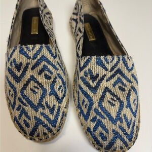 Louise et Cie Blue and Cream Fabric Espadrilles with Geometric Pattern.